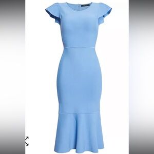 BCBG POWDER BLUE  BODY CON MIDI DRESS CAP SLEEVES SIZE 10 BOTTOM RUFFLE